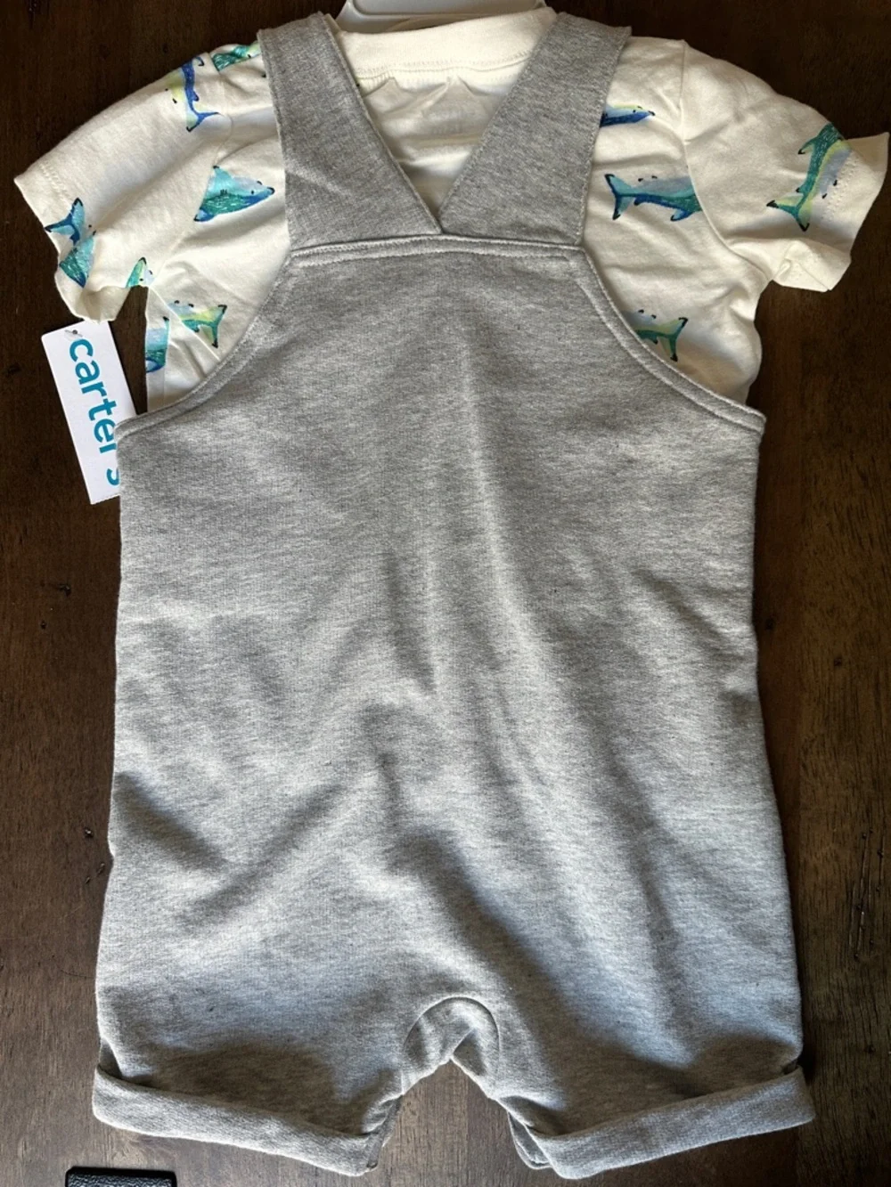 Carter's Gray Short Sleeve Tee with Shark Print and Gray Overalls - Picture 2 of 2